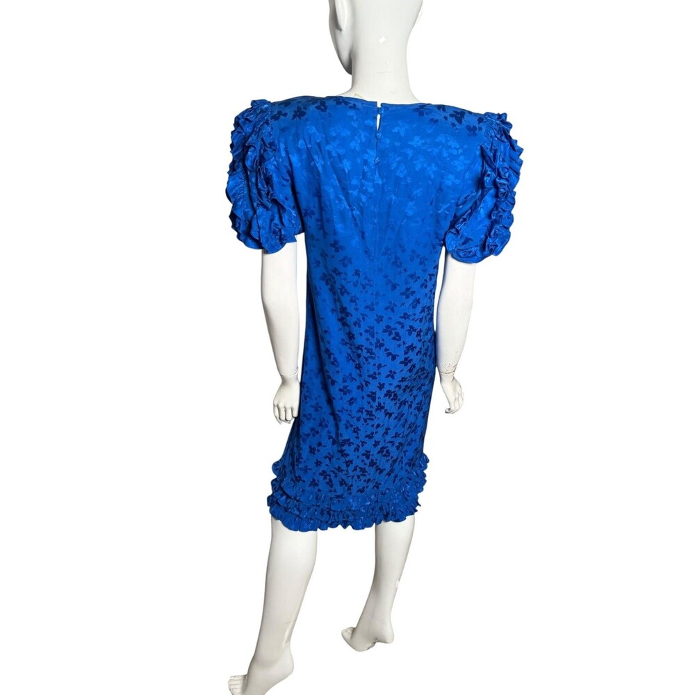 Vintage 80s Maggy London silk Dress Womens 8 Blue Jaquard Puff Sleeve Ruffle - Picture 4 of 6